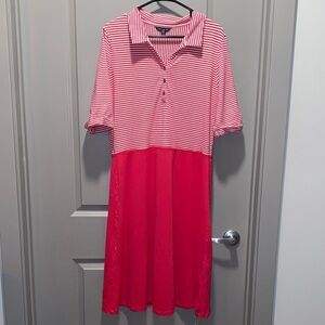 Lands End Pink Stripe Polo Dress Cotton Pique Casual Preppy Summer Dress L 14 16